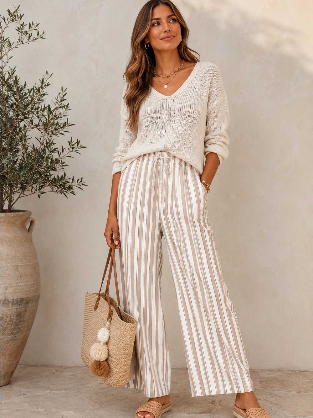 LOFT Striped Wide Leg Pants | Pull-On Drawstring | Beige & White Coastal Resort